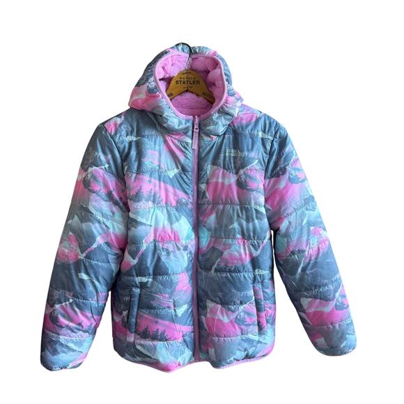 Eddie Bauer Down Puffer fleece Camo Pink Gray Reversible Jacket Girls 14/16 NWT - Picture 1 of 11
